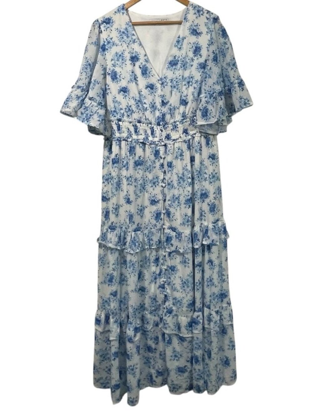 Baltic Born Iris Tiered Maxi Dress White Blue Floral Print Sz L V Neck Ruffles